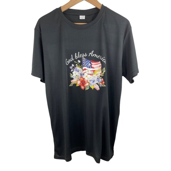 God Bless America Womens Size Large Black Dri Fit Floral Patriotic Theme T-Shirt - Picture 1 of 7